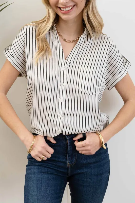 STRIPE SHORT SLEEVE COLLARED BUTTON DOWN SHIRT sold by Blu Pepper