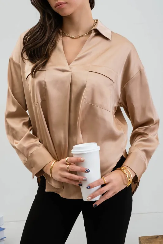 SOLID SATIN SPLIT NECK LONG SLEEVE TOP sold by Blu Pepper