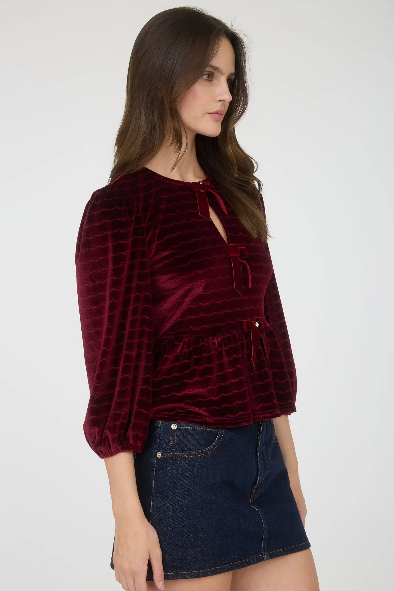 SCALLOP VELVET BOW DETAIL 3/4 SLEEVE KNIT TOP sold by Blu Pepper product image thumbnail 5