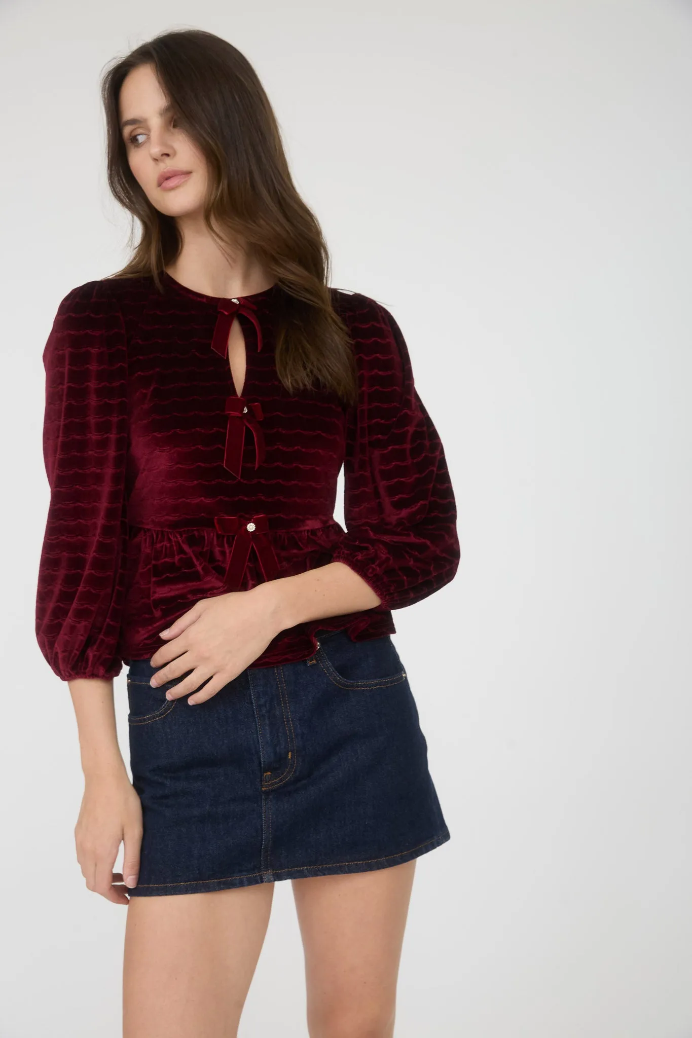 SCALLOP VELVET BOW DETAIL 3/4 SLEEVE KNIT TOP sold by Blu Pepper product image thumbnail 3