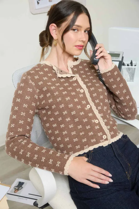 SCALLOP TRIM BUTTON DOWN X PATTERN KNIT CARDIGAN sold by Blu Pepper