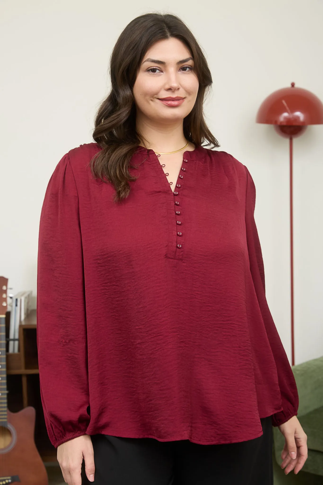 PLUS TEXTURED SATIN HALF BUTTON LONG SLEEVE BLOUSE sold by Blu Pepper