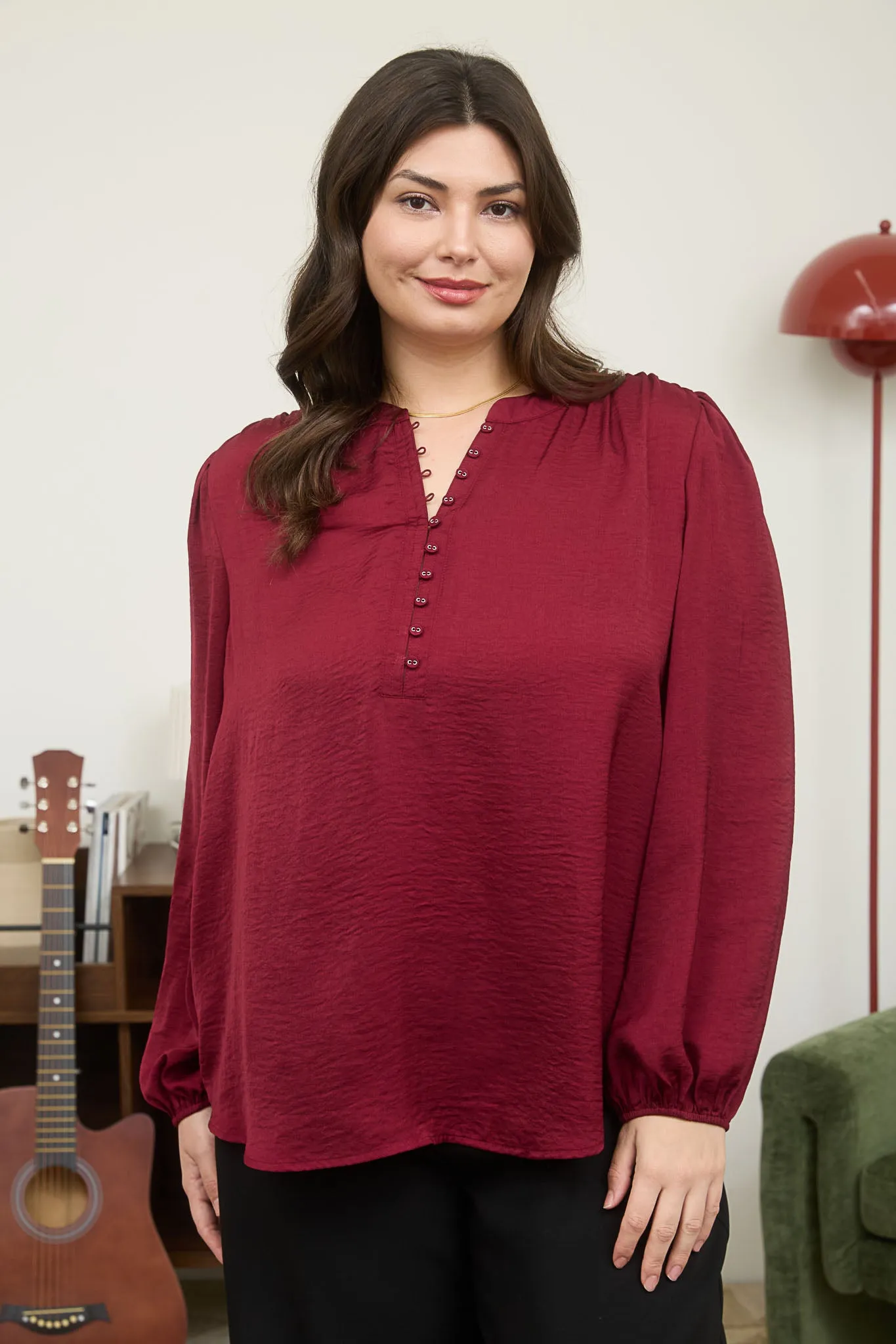 PLUS TEXTURED SATIN HALF BUTTON LONG SLEEVE BLOUSE sold by Blu Pepper product image thumbnail 5
