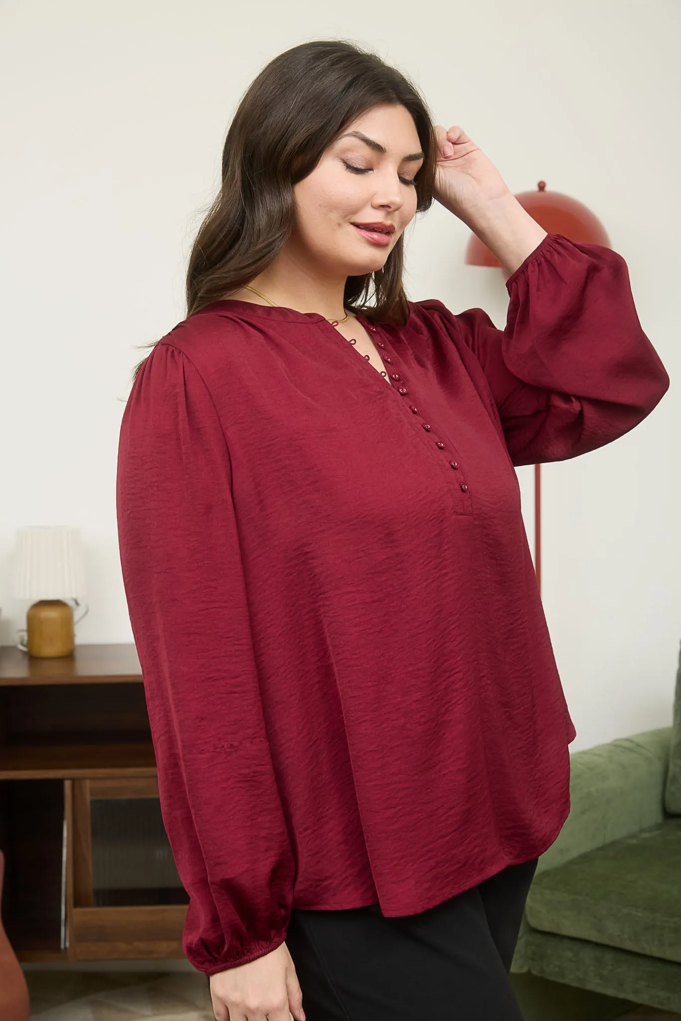 PLUS TEXTURED SATIN HALF BUTTON LONG SLEEVE BLOUSE sold by Blu Pepper product image thumbnail 4