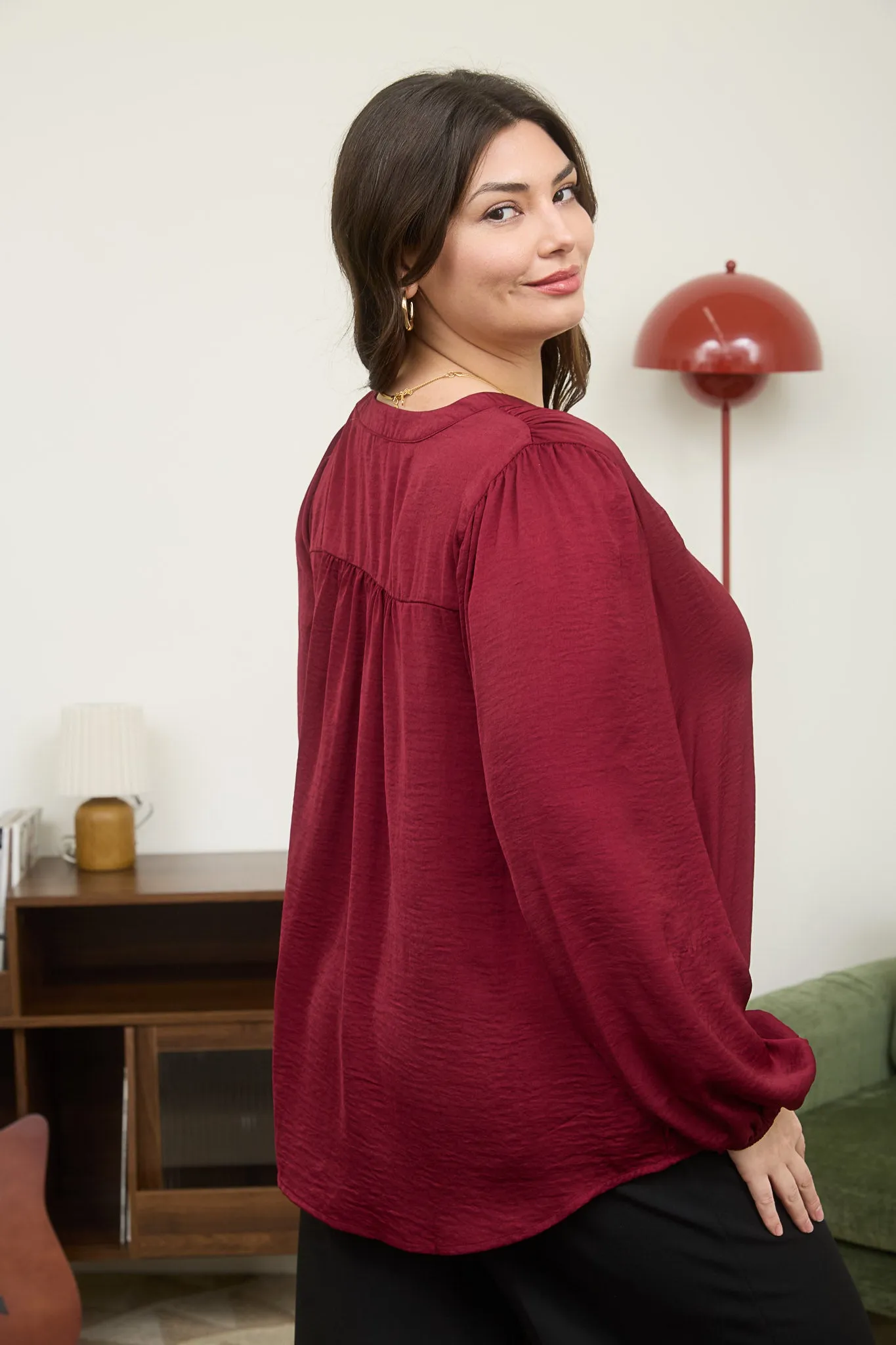 PLUS TEXTURED SATIN HALF BUTTON LONG SLEEVE BLOUSE sold by Blu Pepper product image thumbnail 3