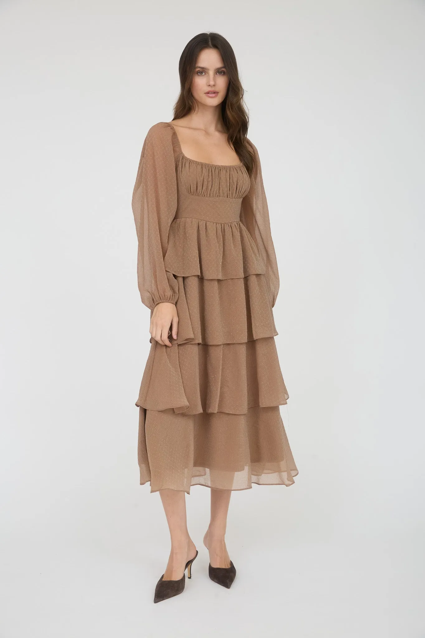 LUREX RUFFLE TIERED LONG SLEEVE MIDI DRESS sold by Blu Pepper product image thumbnail 5