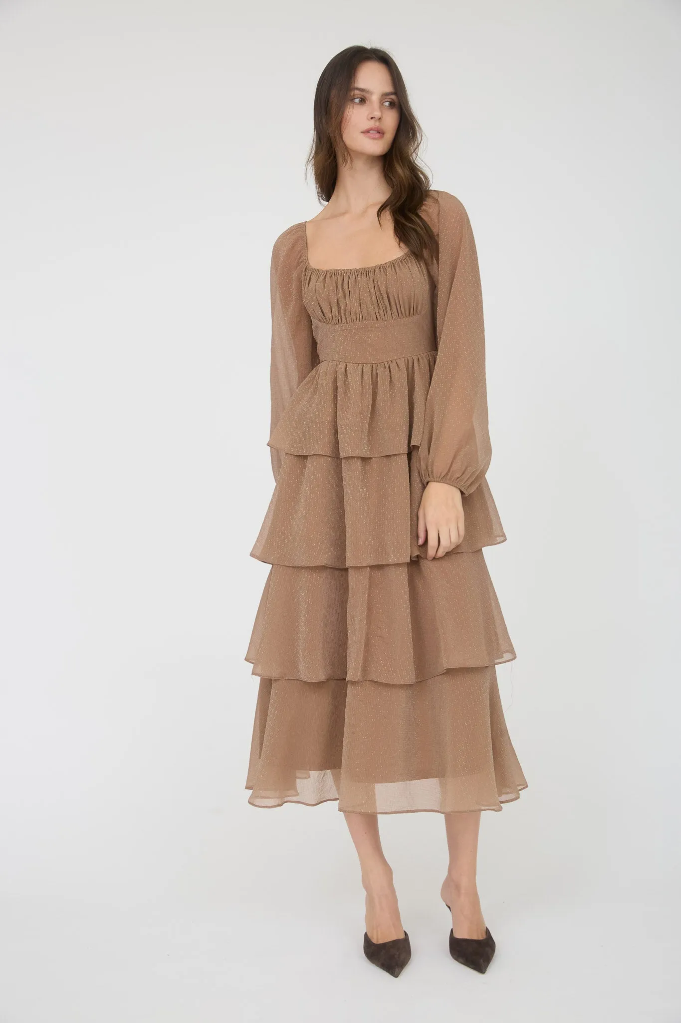 LUREX RUFFLE TIERED LONG SLEEVE MIDI DRESS sold by Blu Pepper product image thumbnail 4