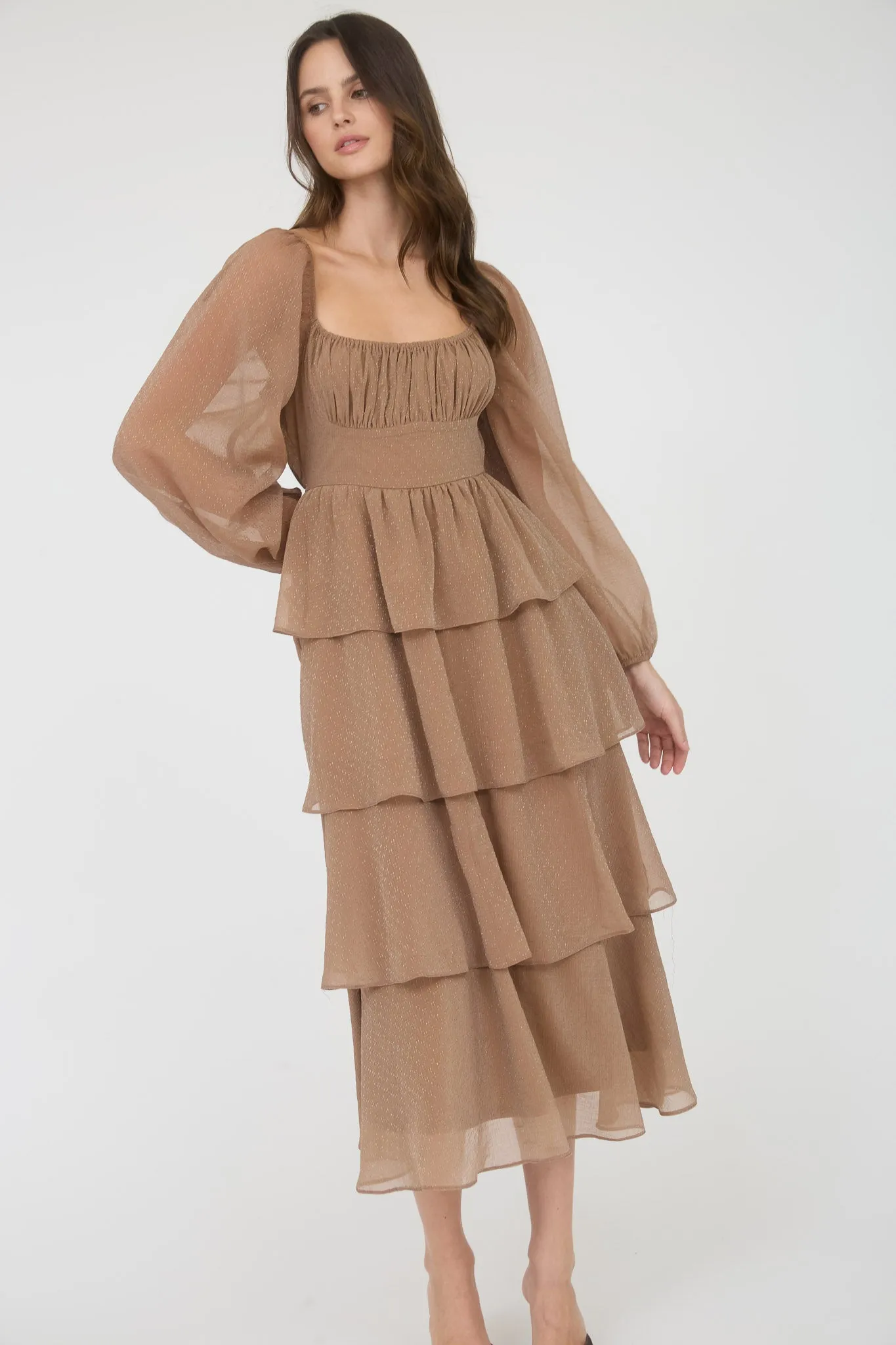 LUREX RUFFLE TIERED LONG SLEEVE MIDI DRESS sold by Blu Pepper