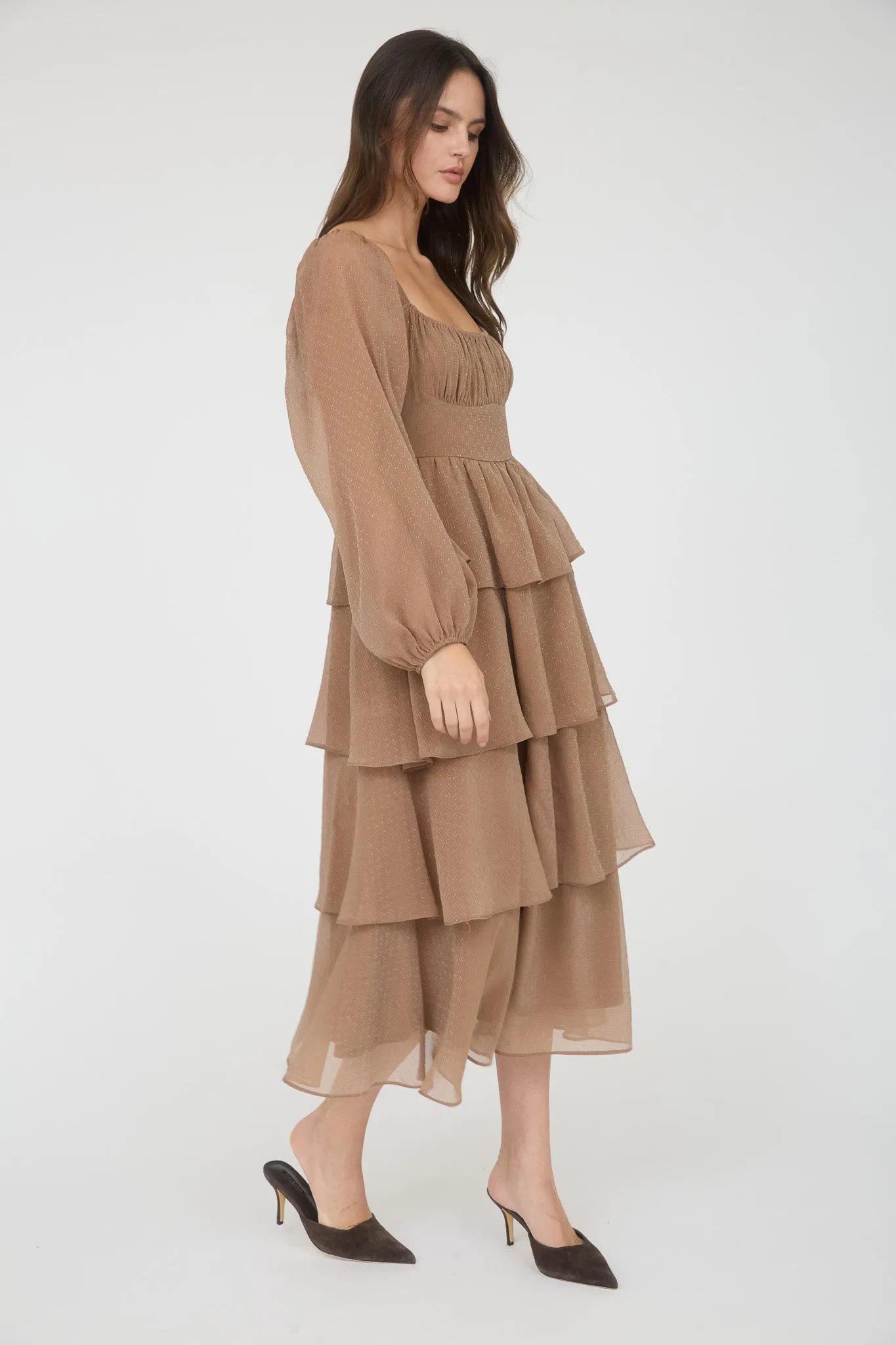 LUREX RUFFLE TIERED LONG SLEEVE MIDI DRESS sold by Blu Pepper product image thumbnail 3