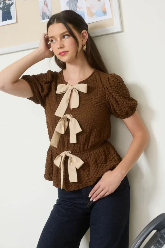 FRONT BOW DETAIL SHORT SLEEVE PUFFER KNIT TOP sold by Blu Pepper