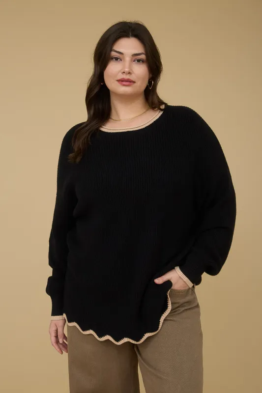 PLUS CONTRAST SCALLOP TRIM KNIT PULLOVER SWEATER sold by Blu Pepper