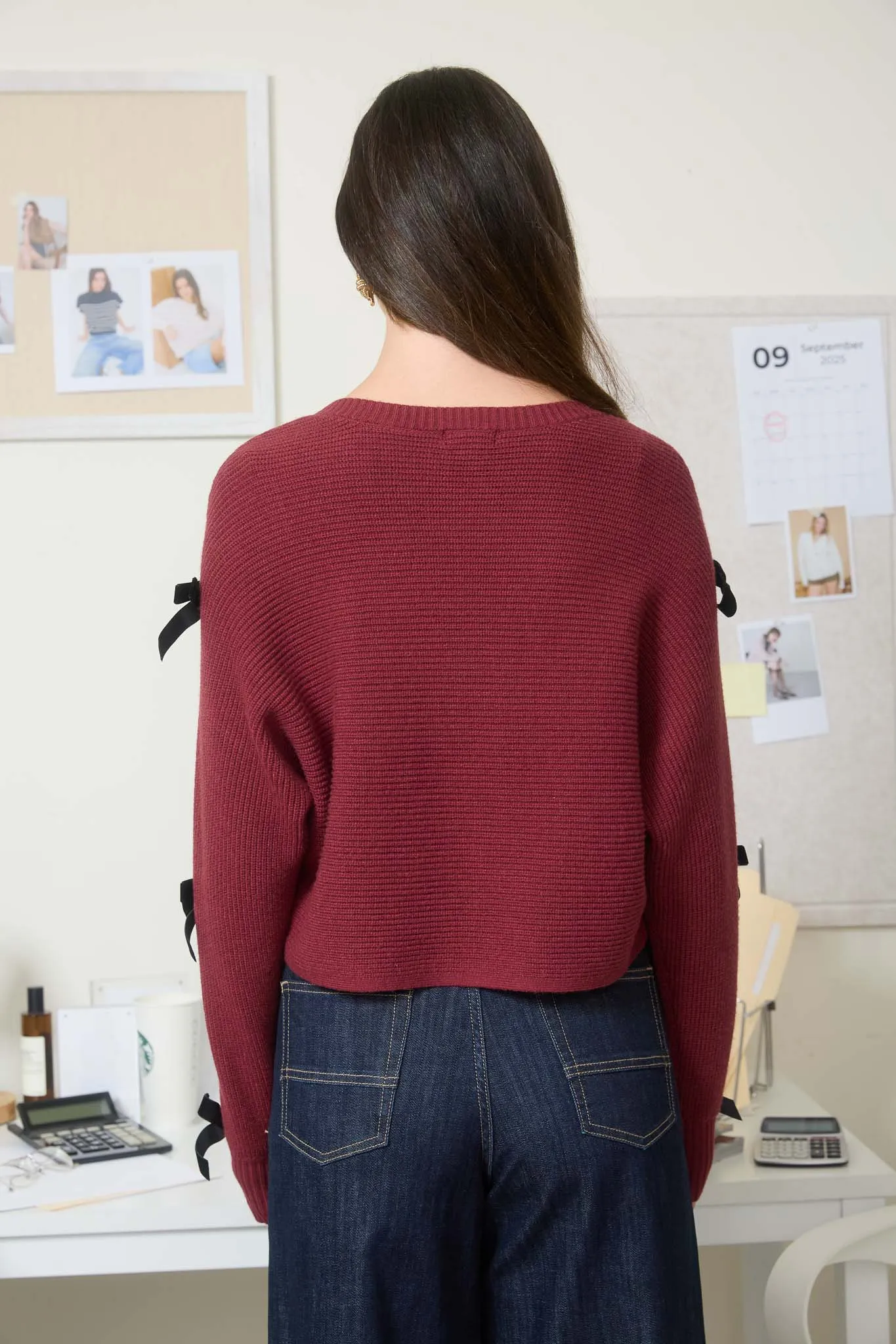 VELVET BOW SLEEVE DETAIL KNIT PULLOVER SWEATER sold by Blu Pepper product image thumbnail 2
