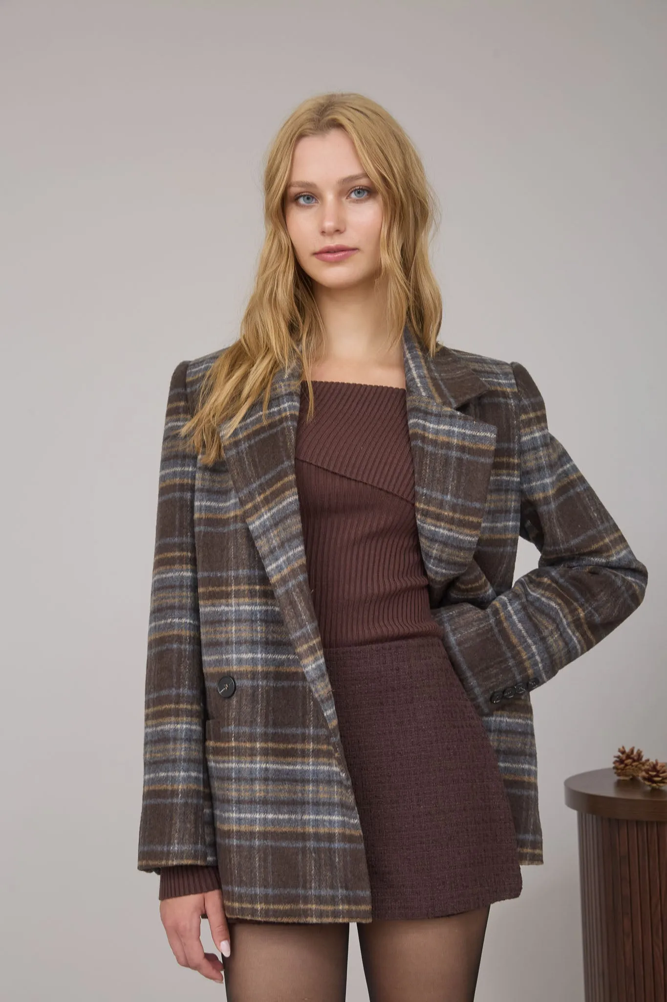 PLAID NOTCH COLLAR BUTTON FRONT LONG LINE COAT sold by Blu Pepper product image thumbnail 4