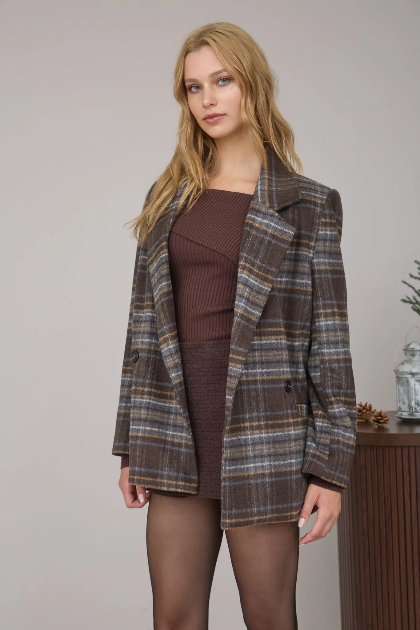 PLAID NOTCH COLLAR BUTTON FRONT LONG LINE COAT sold by Blu Pepper product image thumbnail 3