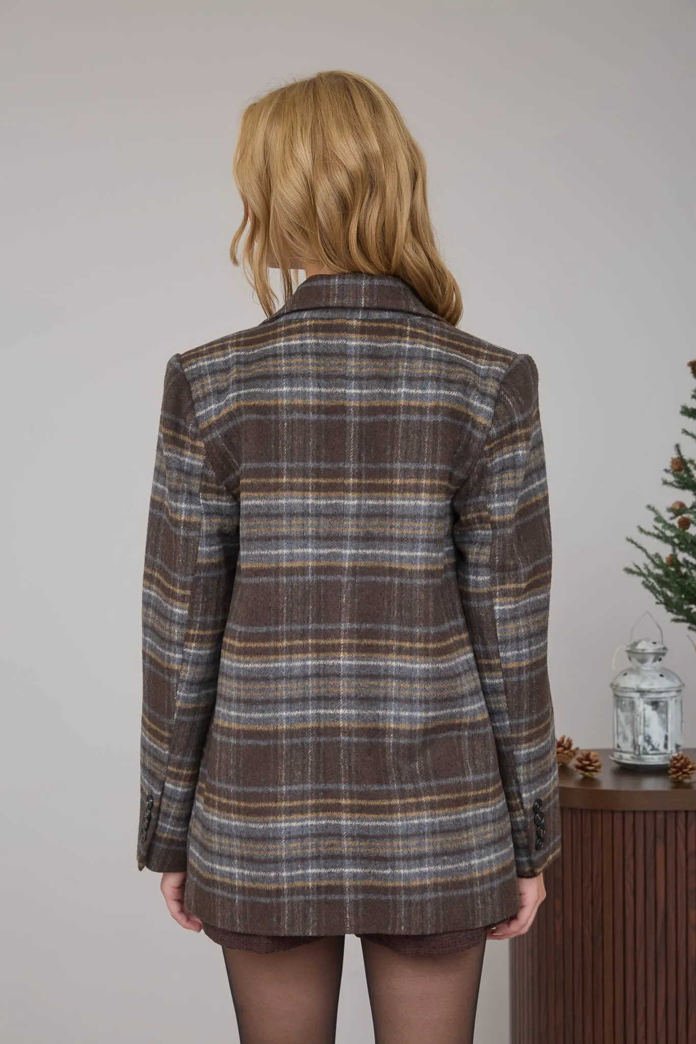 PLAID NOTCH COLLAR BUTTON FRONT LONG LINE COAT sold by Blu Pepper product image thumbnail 2