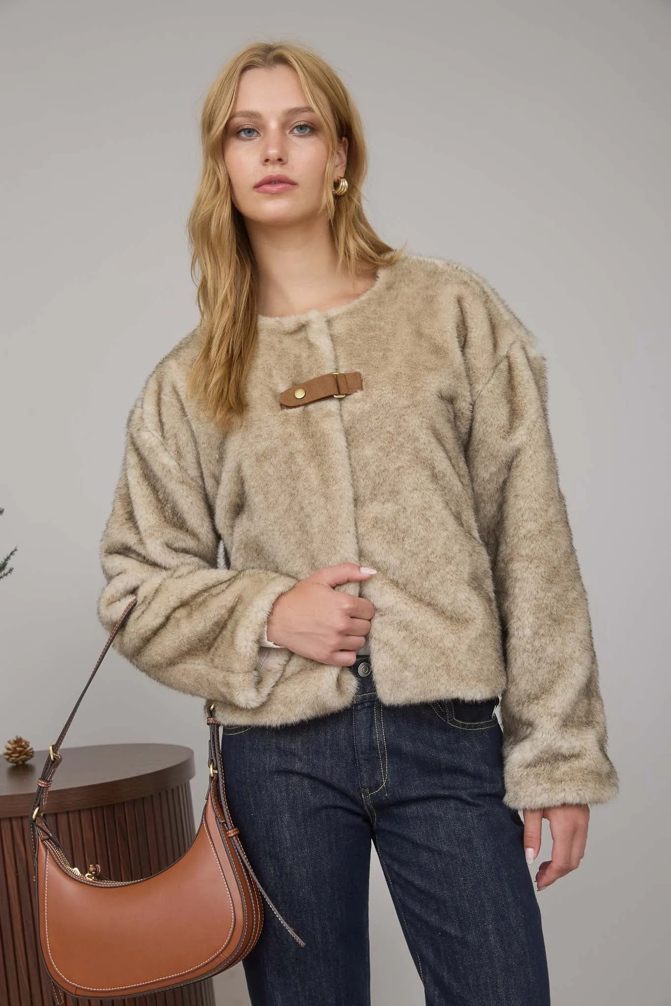 FAUX FUR FRONT TAB DETAIL COAT sold by Blu Pepper product image thumbnail 5