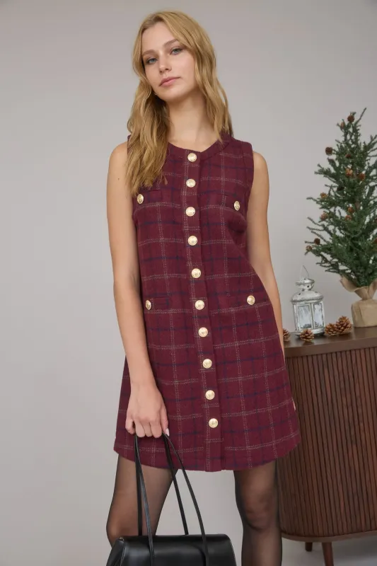 PLAID TWEED BUTTON DOWN SLEEVELESS MINI DRESS sold by Blu Pepper