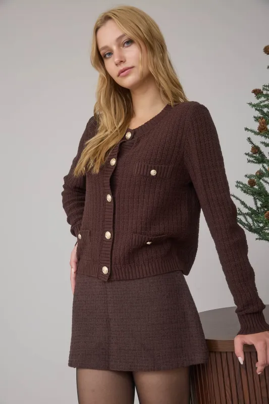 GOLD BUTTON DOWN POCKET DETAIL KNIT CARDIGAN sold by Blu Pepper