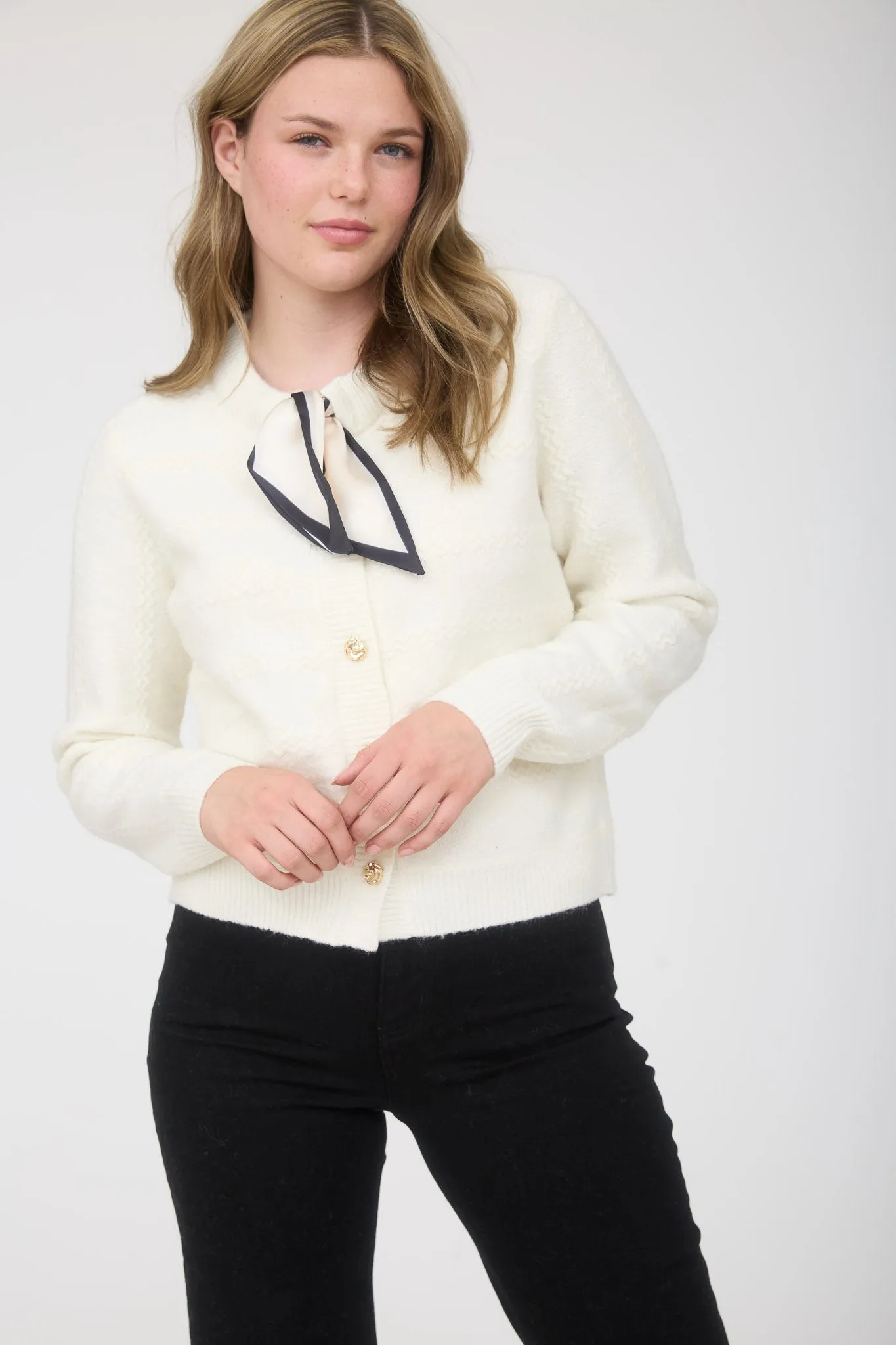 SCARF NECK DETAIL BUTTON DOWN KNIT CARDIGAN sold by Blu Pepper product image thumbnail 4