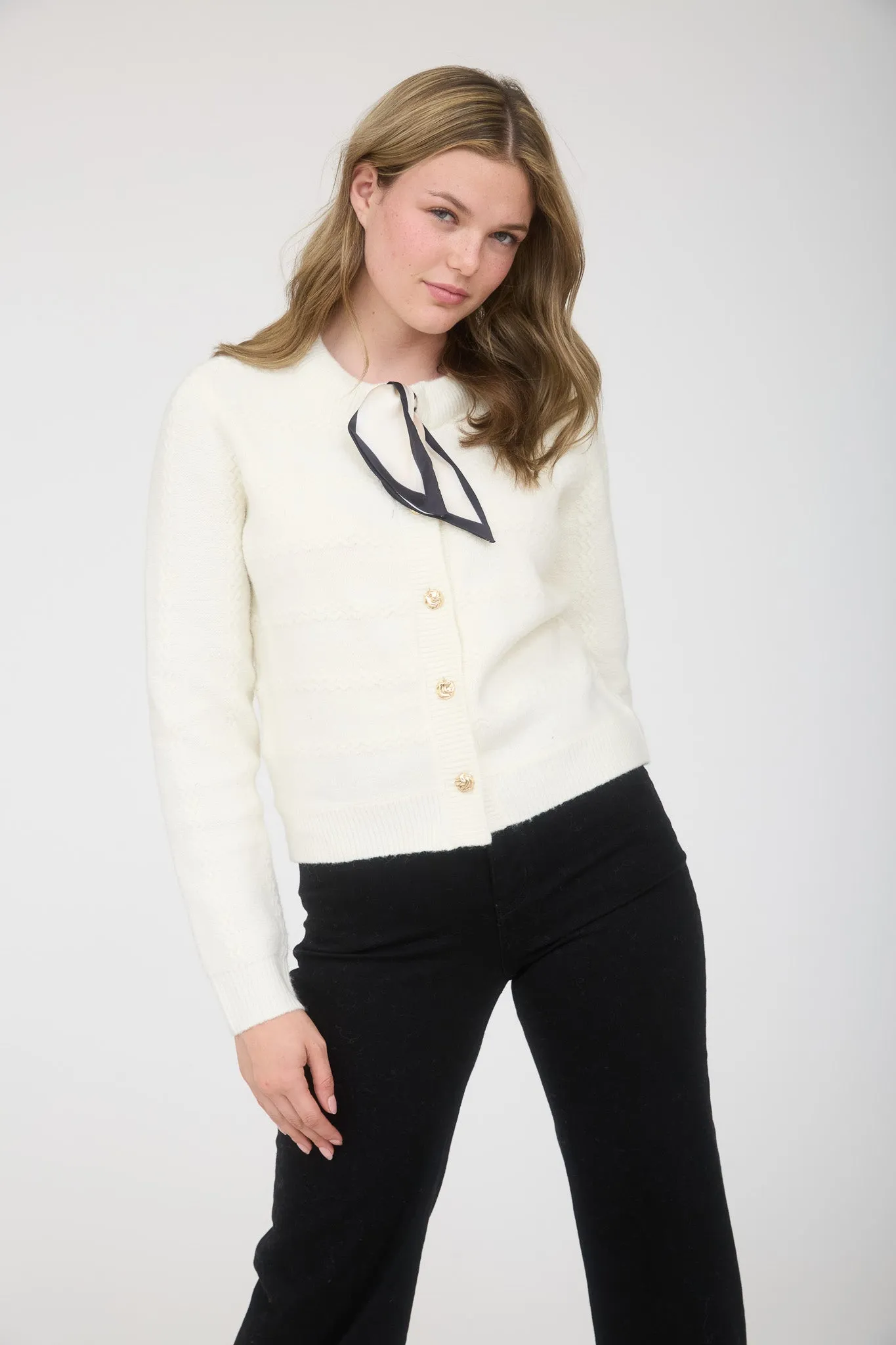 SCARF NECK DETAIL BUTTON DOWN KNIT CARDIGAN sold by Blu Pepper product image thumbnail 5