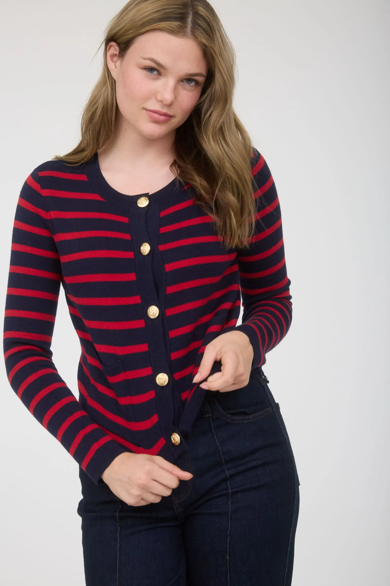 STRIPE GOLD BUTTON DOWN POCKET DETAIL CARDIGAN sold by Blu Pepper product image thumbnail 5