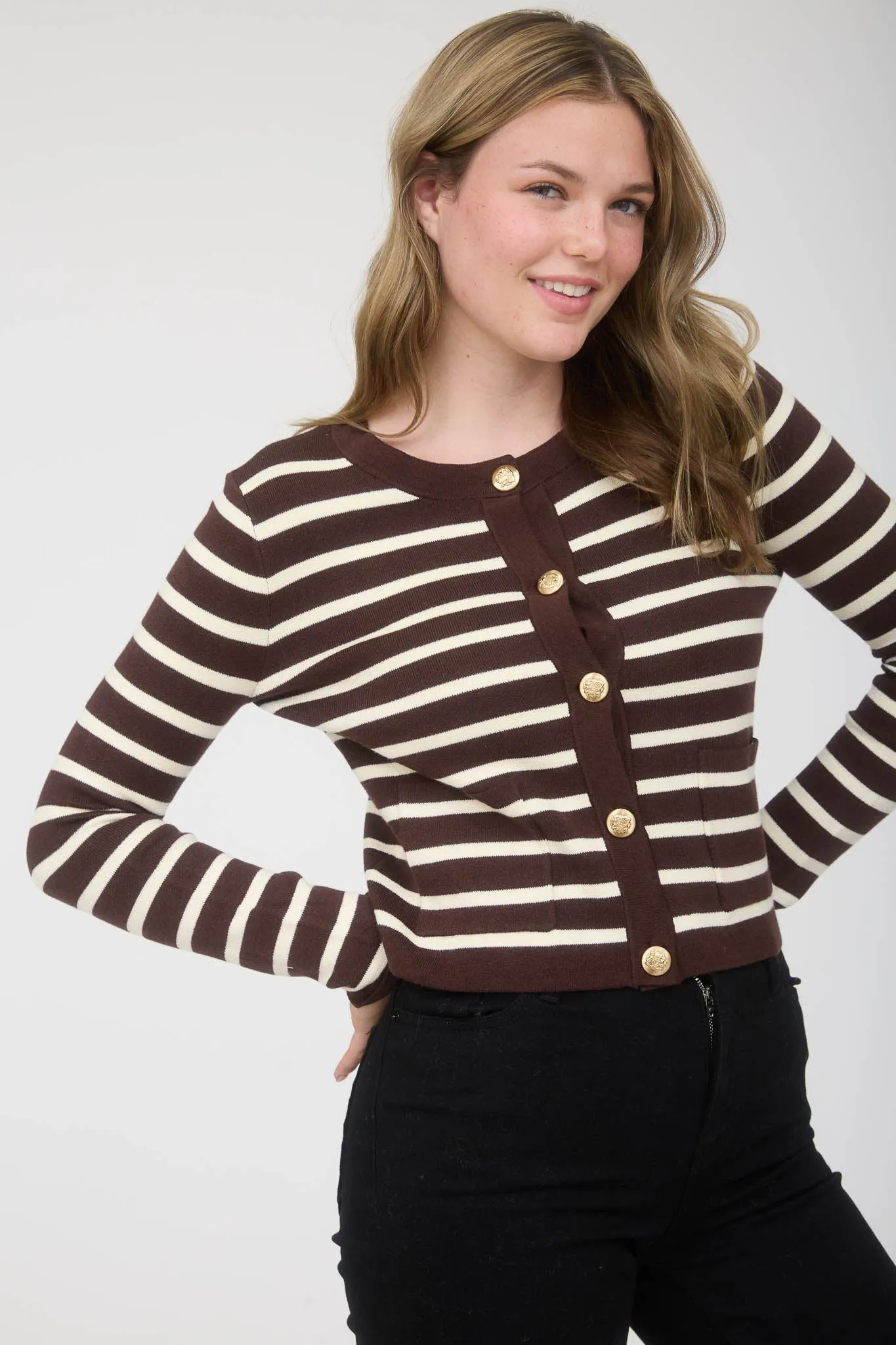 STRIPE GOLD BUTTON DOWN POCKET DETAIL CARDIGAN sold by Blu Pepper product image thumbnail 3
