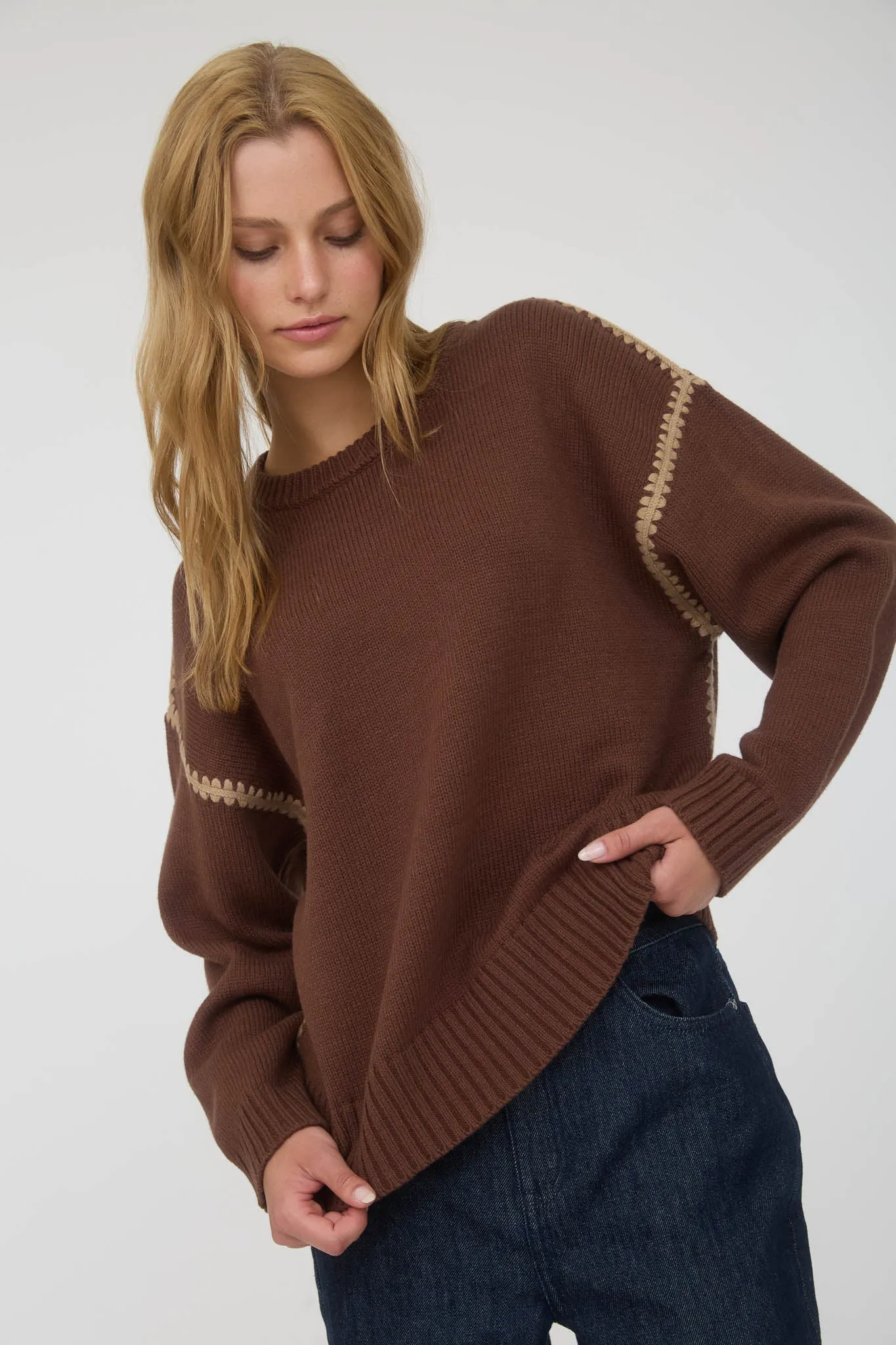 CONTRAST STITCH CREW NECK KNIT PULLOVER SWEATER sold by Blu Pepper