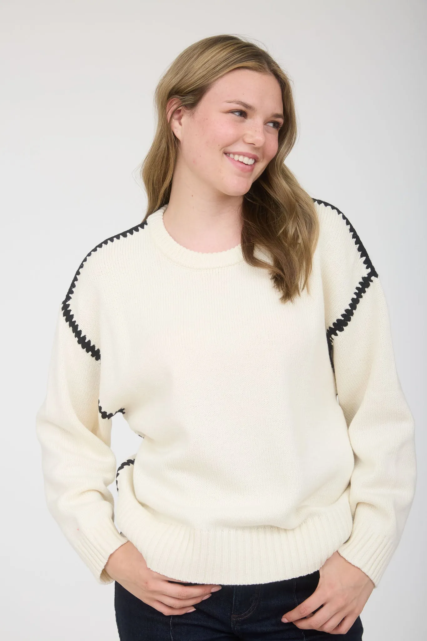 CONTRAST STITCH CREW NECK KNIT PULLOVER SWEATER sold by Blu Pepper product image thumbnail 5