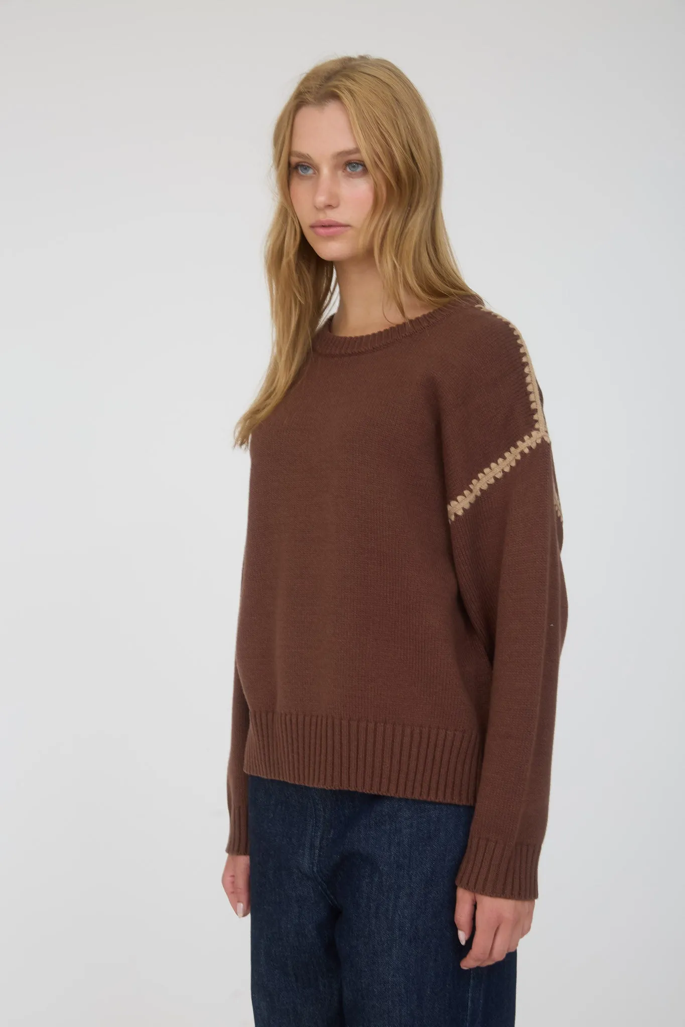 CONTRAST STITCH CREW NECK KNIT PULLOVER SWEATER sold by Blu Pepper product image thumbnail 3