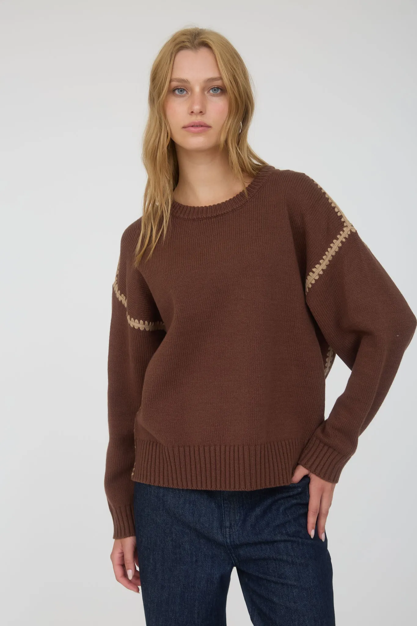 CONTRAST STITCH CREW NECK KNIT PULLOVER SWEATER sold by Blu Pepper product image thumbnail 4