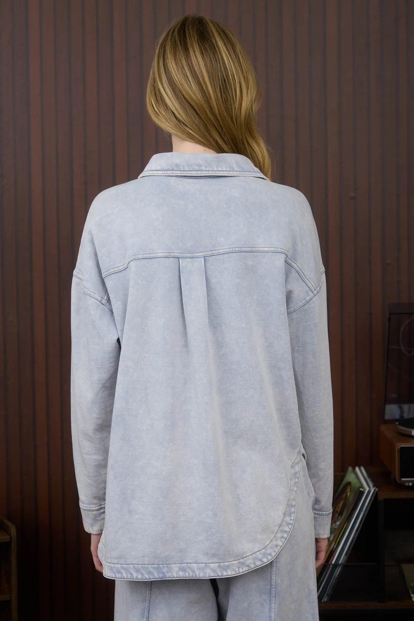 ACID WASHED COLLARED BUTTON DOWN KNIT SHACKET sold by Blu Pepper product image thumbnail 2