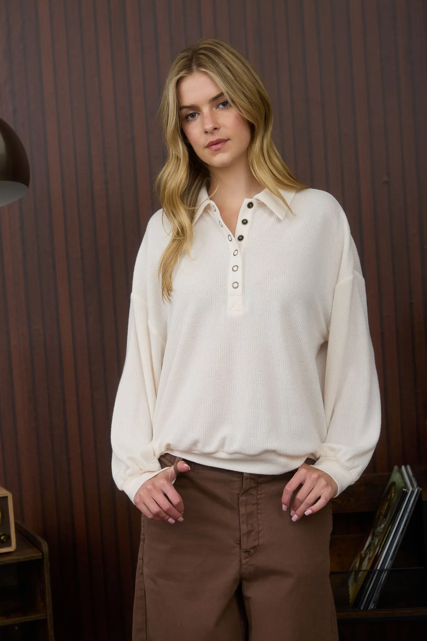 COLLARED HALF SNAP BUTTON LONG SLEEVE KNIT TOP sold by Blu Pepper product image thumbnail 4