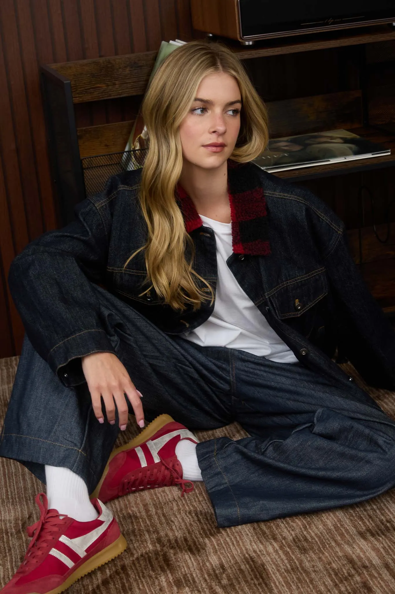 PLAID TEDDY COLLAR BUTTON DOWN DENIM JACKET (PREORDER) sold by Blu Pepper product image thumbnail 5