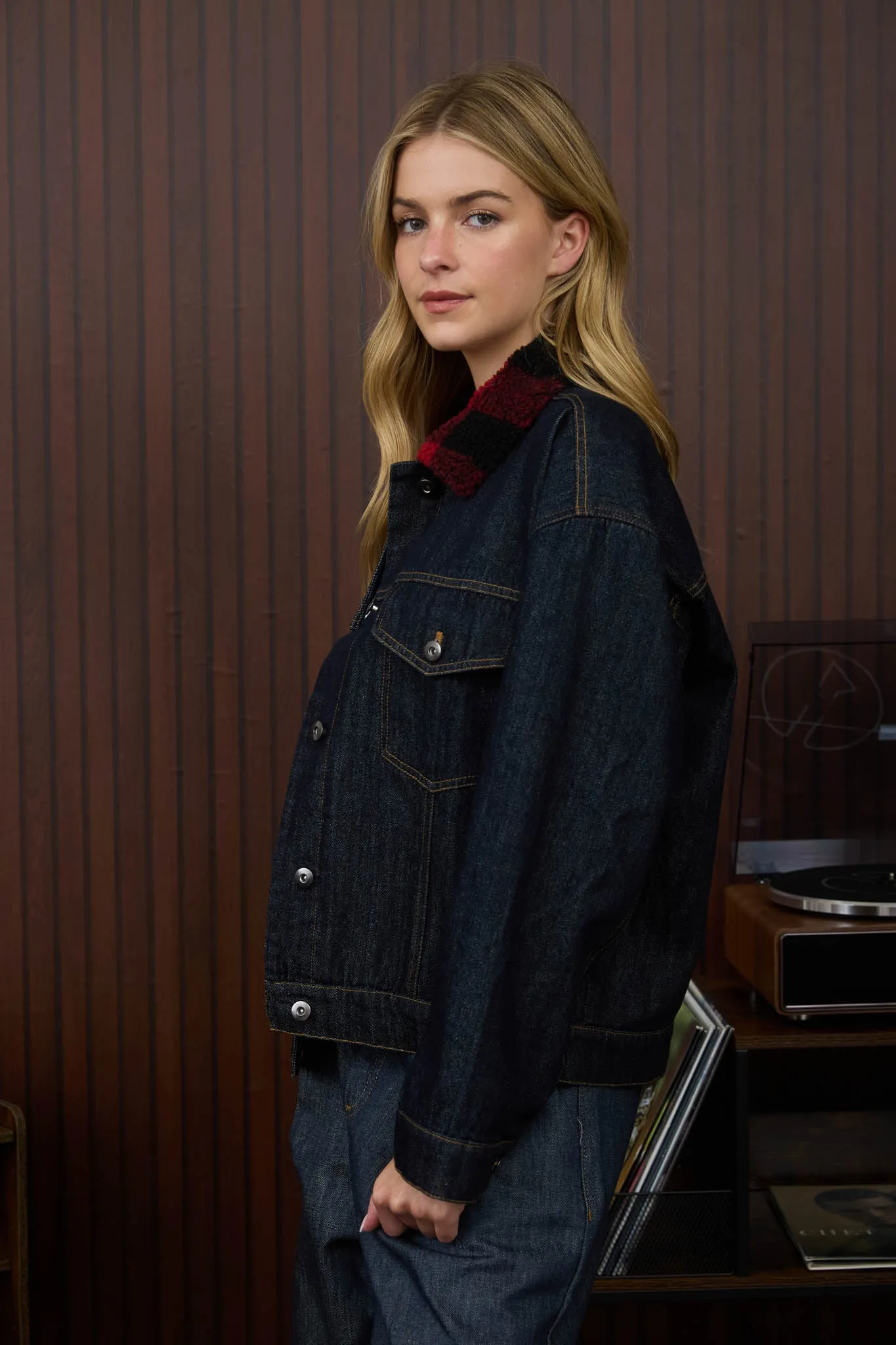 PLAID TEDDY COLLAR BUTTON DOWN DENIM JACKET (PREORDER) sold by Blu Pepper product image thumbnail 3