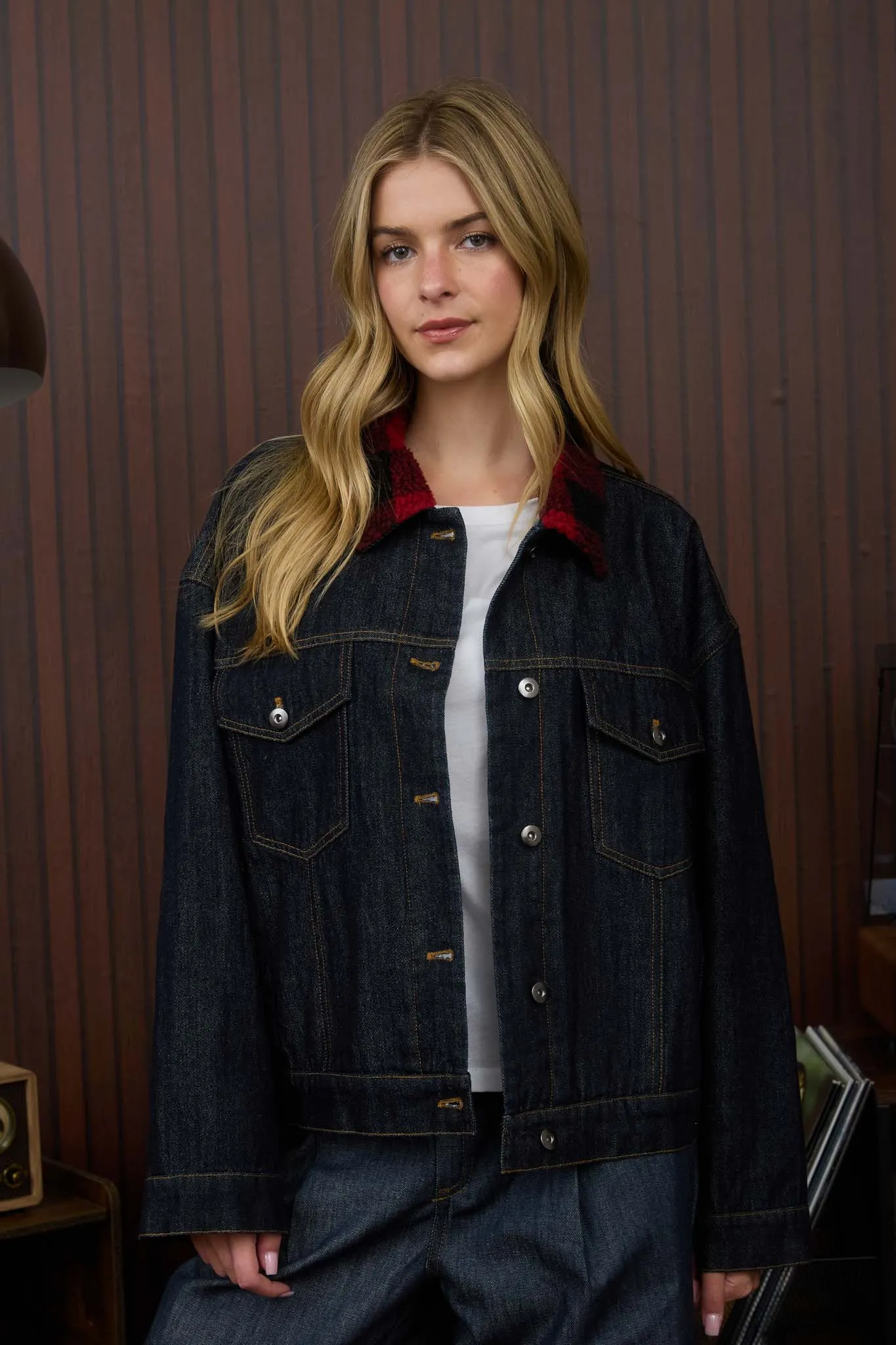 PLAID TEDDY COLLAR BUTTON DOWN DENIM JACKET (PREORDER) sold by Blu Pepper product image thumbnail 4