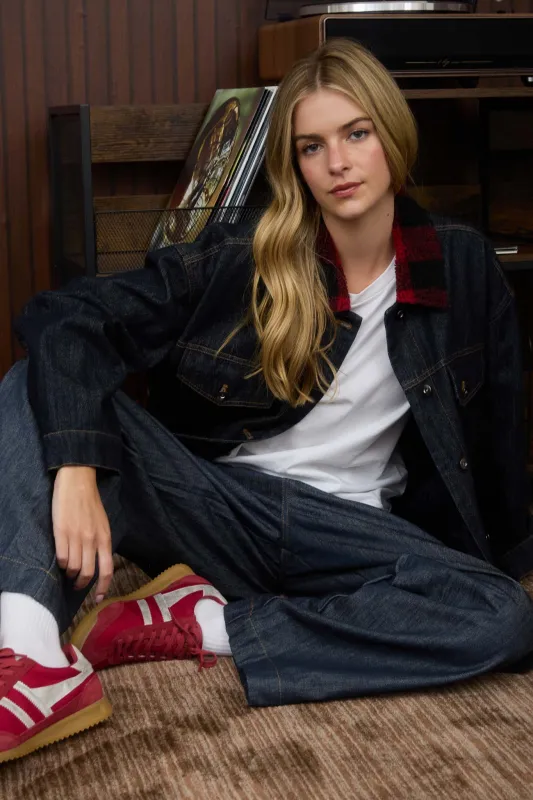 PLAID TEDDY COLLAR BUTTON DOWN DENIM JACKET (PREORDER) made by J.O.A.