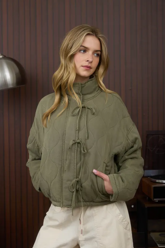 WASHED QUILTED FRONT TIE PUFFER JACKET (PRE-ORDER) sold by Blu Pepper