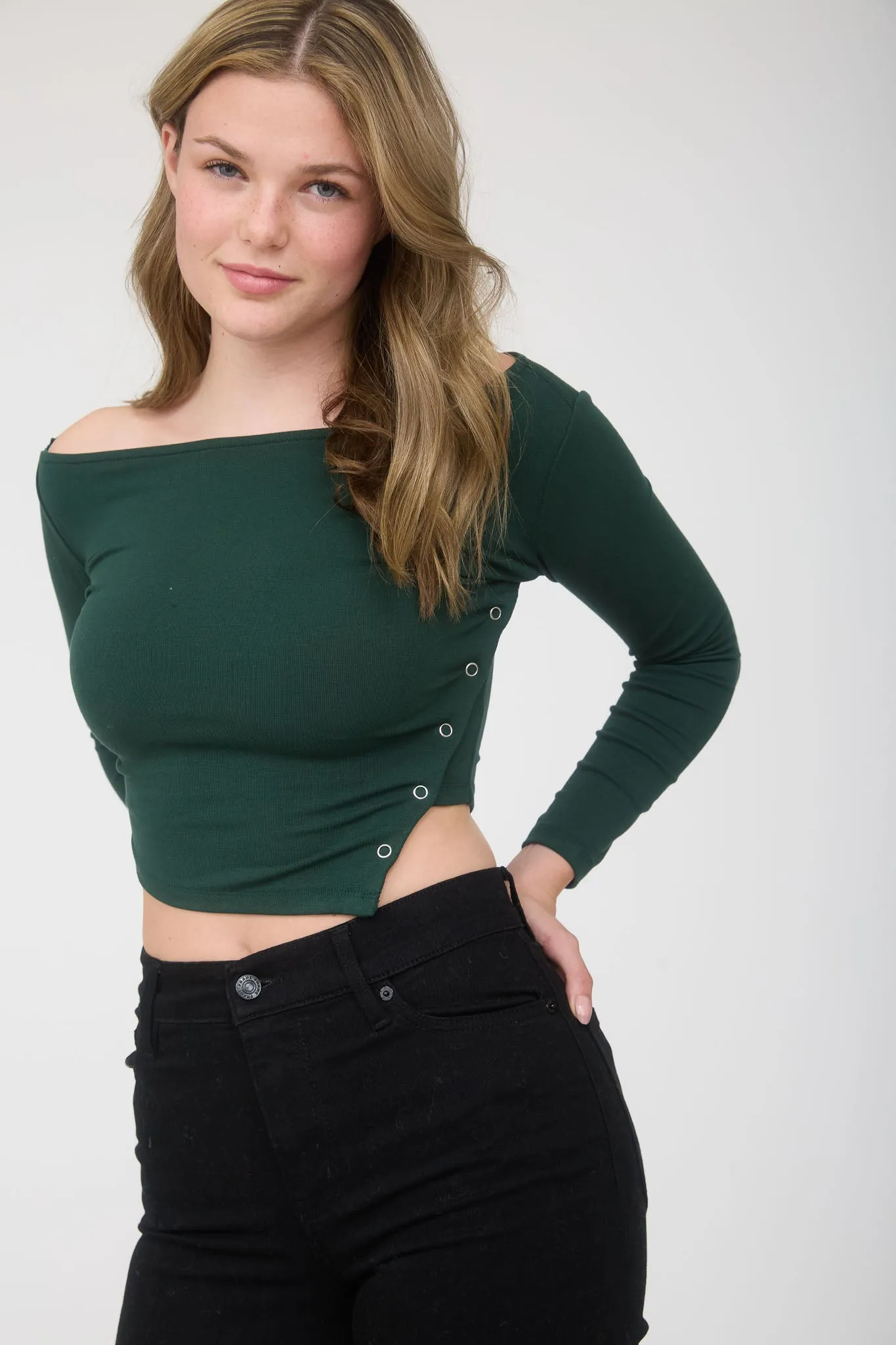 ASYMMETRICAL SNAP BUTTON LONG SLEEVE KNIT CROP TOP sold by Blu Pepper