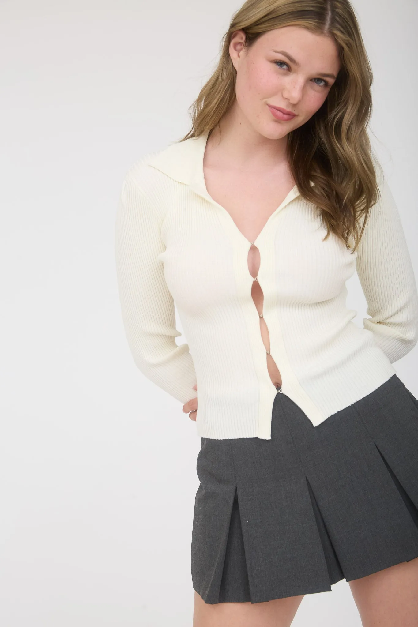 FRONT HOOK COLLARED LONG SLEEVE KNIT CARDIGAN sold by Blu Pepper product image thumbnail 5