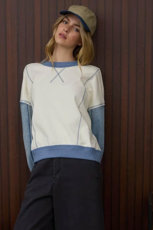 MIX MEDIA DENIM SLEEVE KNIT TOP sold by Blu Pepper