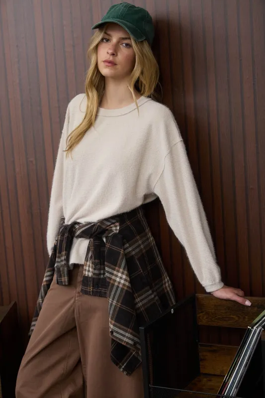 ROUND NECK LONG SLEEVE FUZZY KNIT TOP sold by Blu Pepper