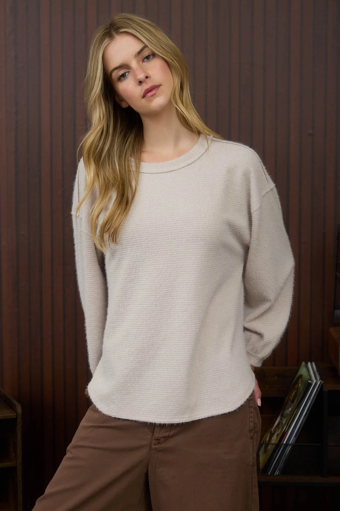 ROUND NECK LONG SLEEVE FUZZY KNIT TOP sold by Blu Pepper product image thumbnail 4