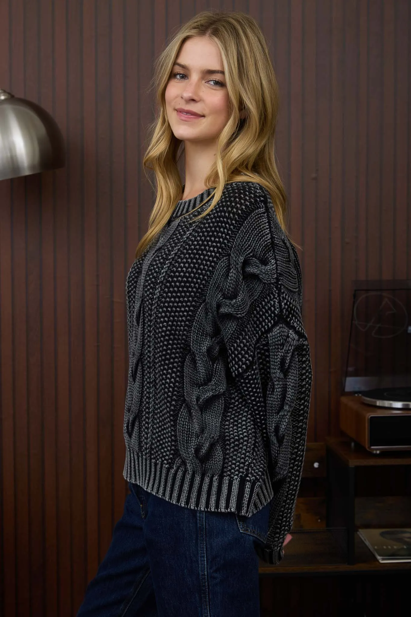 WASHED CABLE KNIT PULLOVER SWEATER sold by Blu Pepper product image thumbnail 3