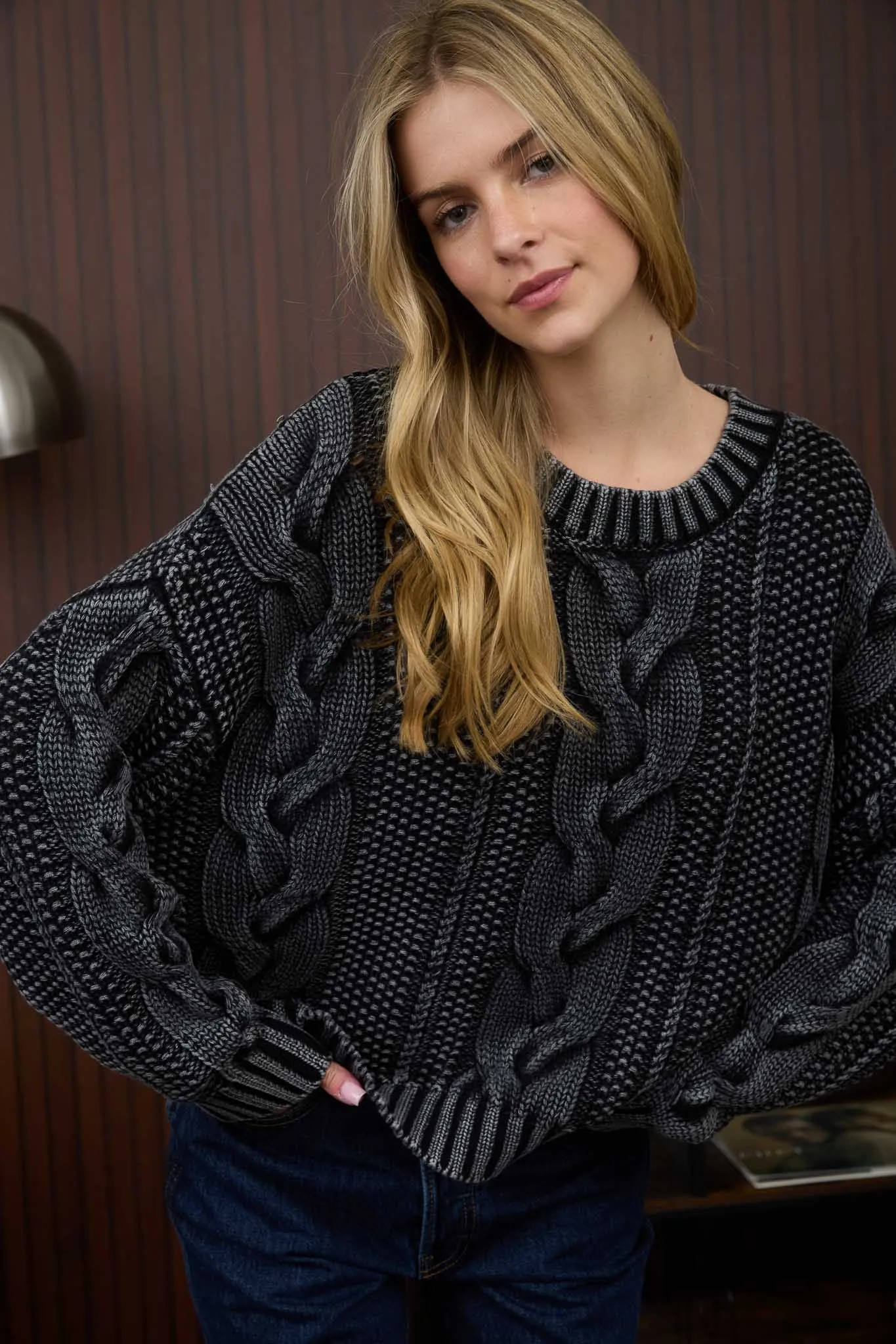 WASHED CABLE KNIT PULLOVER SWEATER sold by Blu Pepper product image thumbnail 4