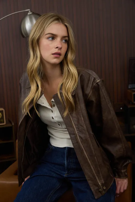 COLLARED ZIP-UP WASHED FAUX LEATHER JACKET sold by Blu Pepper