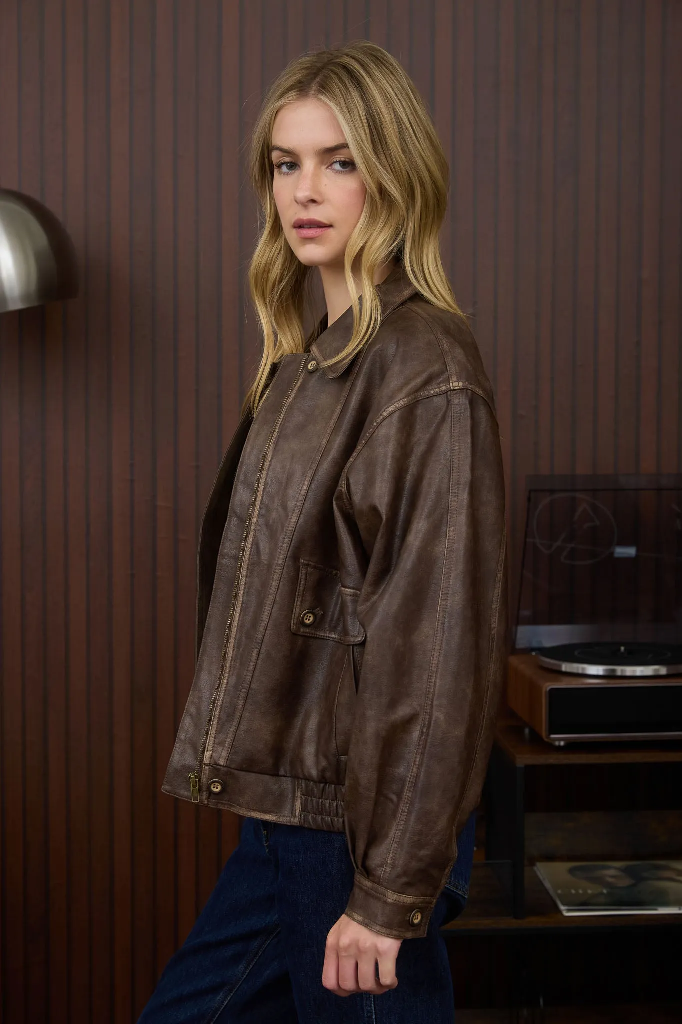 COLLARED ZIP-UP WASHED FAUX LEATHER JACKET sold by Blu Pepper product image thumbnail 3