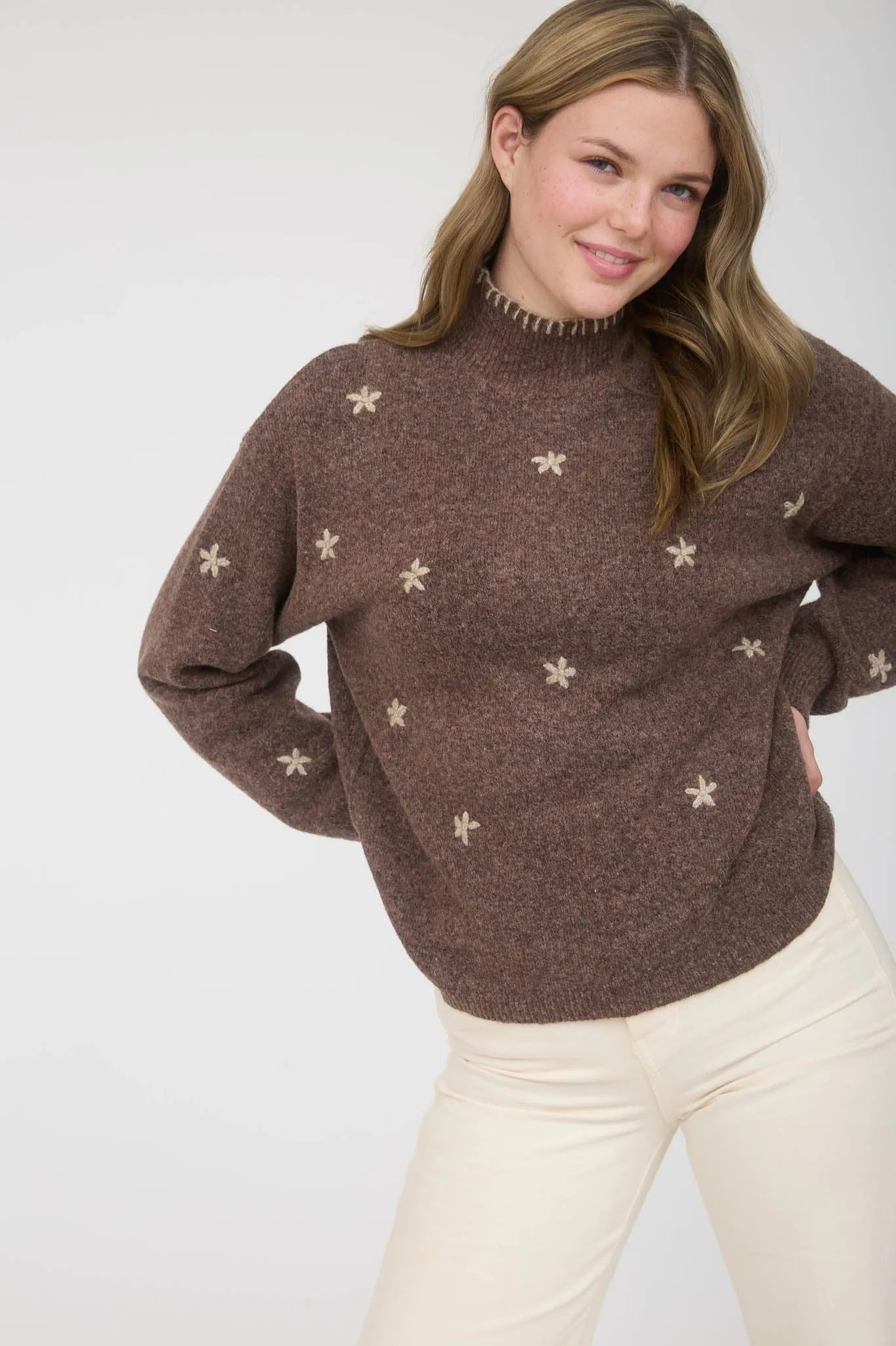 FLORAL EMBROIDERY MOCK NECK KNIT SWEATER sold by Blu Pepper