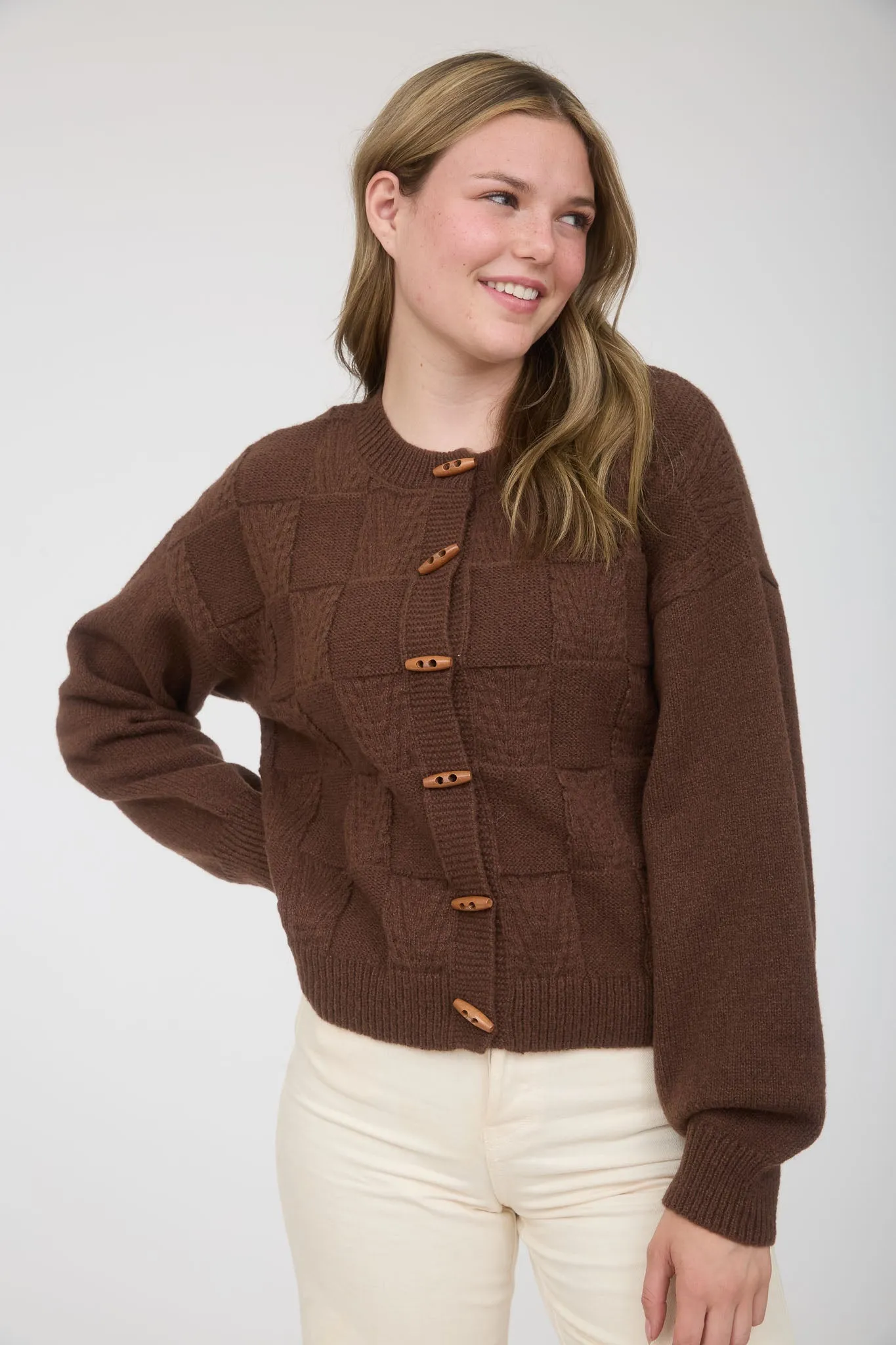 CHECKERED TOGGLE BUTTON DOWN KNIT CARDIGAN sold by Blu Pepper product image thumbnail 5