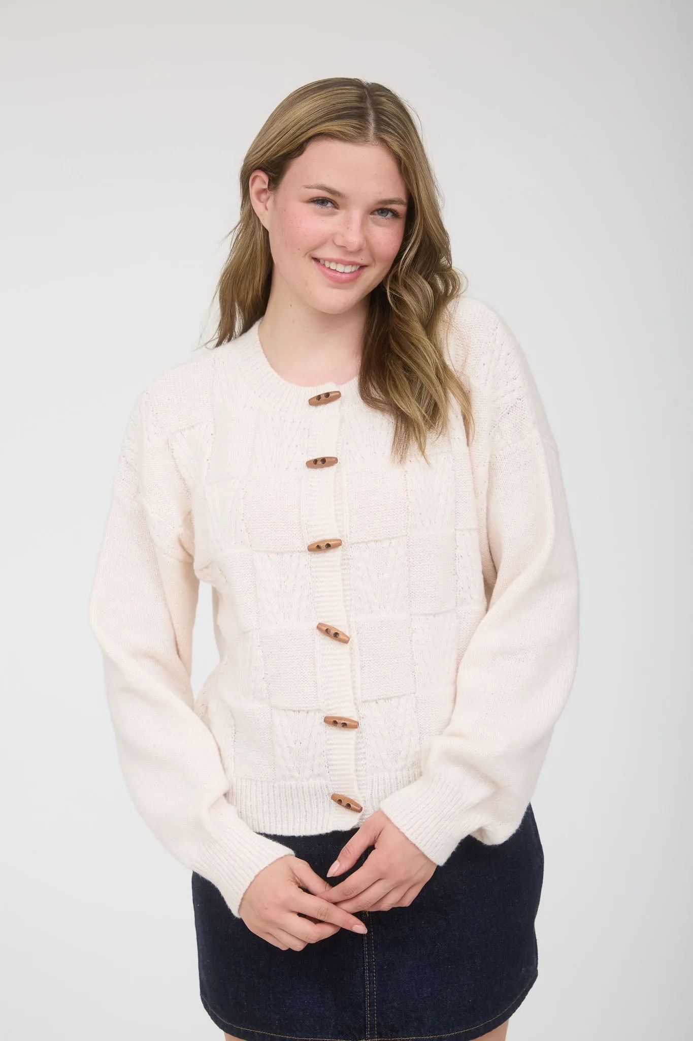 CHECKERED TOGGLE BUTTON DOWN KNIT CARDIGAN sold by Blu Pepper product image thumbnail 3