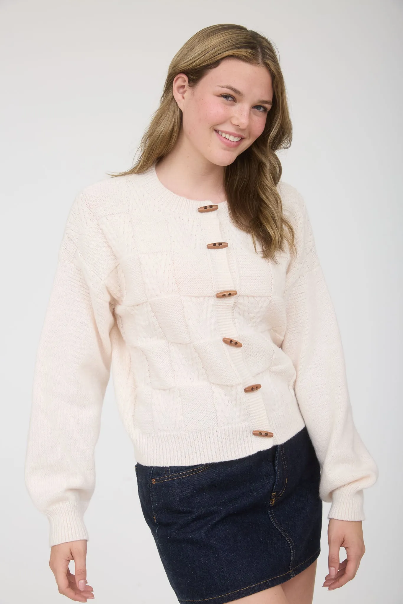 CHECKERED TOGGLE BUTTON DOWN KNIT CARDIGAN sold by Blu Pepper product image thumbnail 4